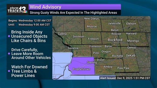 WIND ADVISORY: Strong winds are expected in the following counties: Rock Island, Scott, Johnson, Whiteside, Henry, McDonough, Bureau, Clinton, Muscatine, Des Moines, Lee, Mercer, Hancock, Warren, Henry, Washington, Cedar, Jefferson, Iowa, Henderson, Louisa, Putnam, Keokuk, Van Buren, Clark, Scotland. Keep two hands on the wheel and watch for tree and power line damage! Updates at https://www.wrex.com/weather/. Expires: Dec 10 9:00AM CST | 13 WREX