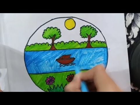 Easy Beautiful Scenery Drawing 🌳🚤 | Simple Nature Drawing and Coloring for all 🎨✨