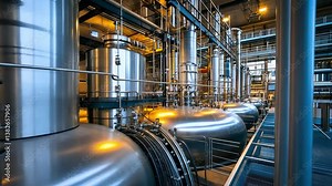 Industrial Facility with Steel Tanks and Pipe Infrastructure, Modern Manufacturing Process, Engineering Design and Efficient Production Environment