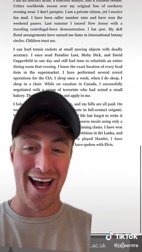 His prompt was “Are there any significant experiences you have had, or accomplishments you have realized, that have helped to define you as a person?” Brilliant 😂 #collegeessay #nyu #funny