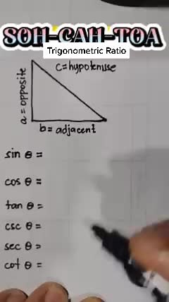 In a Trigonometric ratio, one thing you must remember is SOHCAHTOA, where S means Sine(Sin), C Cosine(Cos) and T Tangent (Tan). Sin is Opposite (Opp) over Hypotenuse (Hyp), Cos is Adjacent(Adj) over Hypotenuse (Hyp) and Tan is Opposite (Opp) over Adjacent (Adj) #brainboxlearningconsult #mrmaro #trigonometry #ratio #maths #hacks #tutorial #coach #science #understandingdestiny #follow #share #viral #fyp