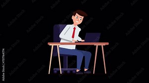 Animation of angry man sitting on his desk and typing on keyboard. Looped animation with transparent background. A cartoon guy works remotely with laptop. Frustrated male freelancer in the office.