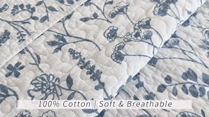 KALOOLA Floral Quilt Set King Size - 100% Cotton Lightweight Summer Quilted Bedspread with 2 Pillow Shams, Reversible Farmhouse Blue and White Botanical Bedding Coverlet for All Season, 3 Pieces
