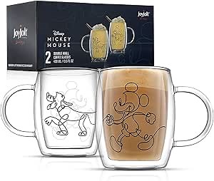 JoyJolt Aroma Disney Mickey and Pluto 13.5oz Glass Coffee Cups Set - 2 Insulated Double Wall Mugs, Large Espresso Cups - Unique Disney Cups