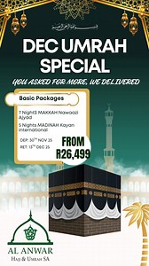 🌟 YOUR UMRAH JOURNEY AWAITS! 🌟 🔊 Al Anwar Hajj & Umrah presents: An Unbeatable Super Budget Umrah Package! 🕋 Depart: 30 Nov 2025 | 🕌 Return: 13 Dec 2025 ✨ Answer the Call of Allah! ✨ Walk in the footsteps of the Prophet ﷺ, feel the serenity of Masjid Nabawi, and experience the overwhelming peace of the Haramain. 📍 7 Days in Makkah – Stay just moments away from the Ka’bah at Nawazi Towers Ajyad! 📍 5 Days in Madinah – Embrace the tranquility of Kayan International! 🔹 Inclusions: ✅ Return F