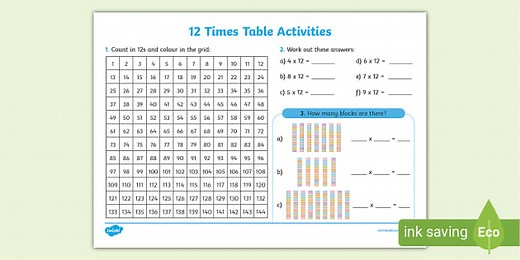 12 Times Table Worksheet