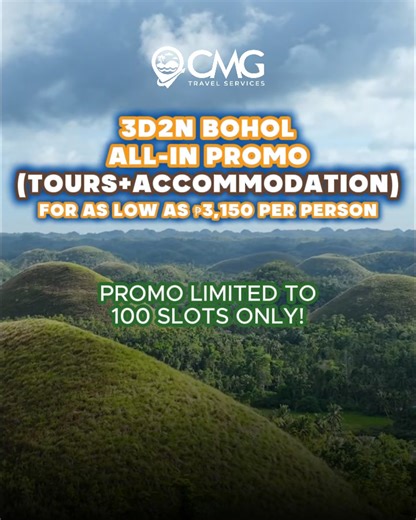 📍𝟑𝐃𝟐𝐍 𝐁𝐎𝐇𝐎𝐋 𝐀𝐋𝐋-𝐈𝐍 𝐏𝐑𝐎𝐌𝐎 (TOURS ACCOMMODATION)🎉 🔥YEAR ROUND PROMO 😍PROMO LIMITED TO 100 SLOTS ONLY‼️ SUGGESTED ITINERARY: DAY 1: Arrival Countryside Tour (8 hours) Airport Pick-up Blood Compact Baclayon Church Chocolate Hills in Carmen Chocolate Hills ATV Adventure Ride (Optional) Tarsier Viewing in Bilar Man-made Forest in Bilar & Loboc Loboc River Cruise with Buffet Lunch (Optional) Souvenir/Pasalubong Shop Butterfly Garden and Python Viewing (Optional) Drop-off at the h