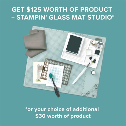 Saleabration is a great time to join Stampin' Up! You can build your Starter Kit by choosing $125 in Stampin' Up! products for only $99.00. Shipping is FREE! But it doesn't stop there! During Sale-A-Bration, you also get to choose one of the two FREE bonus options: 1. A glass mat studio which includes a 17 x 14 inch heavy duty safety-tempered glass crafting mat, a silicone mat and cleaning cloth ($60 value) OR 2. You can choose an additional $30 in free products when you join. (Instead of $125 i