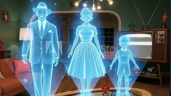 Retro futuristic family hologram a 1950 s living room transformed by holographic projections