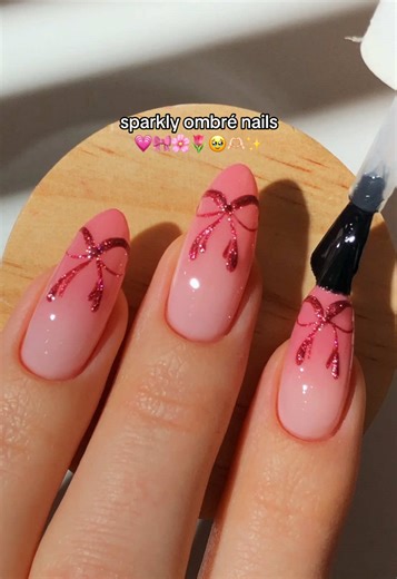 sparkly ombré nails! 💗🎀🌸🥹 i honestly surprised myself with how much i like this design - i’m not usually a bow girlie, but these nails might be slowly converting me into one!