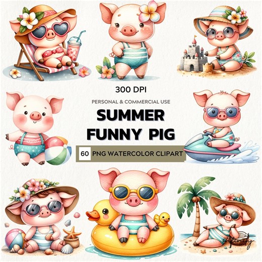 Watercolor Pig Clipart Bundle: Beach Pig Pngs for Stickers (digital Download)