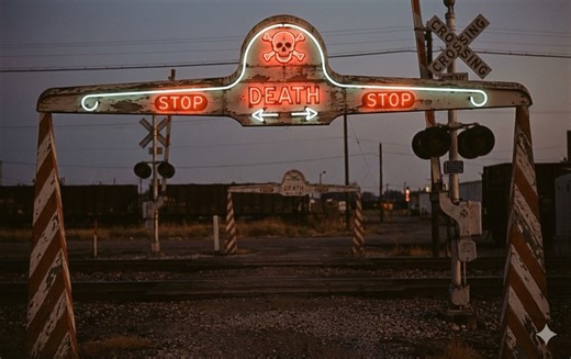 "STOP - DEATH - STOP" a gloriously excessive 1930s railroad crossing signal