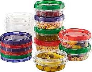 ELEGANT DISPOSABLES Twist Top Food Storage Containers 8 oz 12 Pack Plastic Freezer Storage Containers Leakproof Reusable with Screw on Colored Lids (24)
