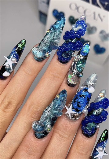 Do deep sea nails with me 🌊🪼 Products used from @Sweetie Nail Supply (code: CXHNAILS saves you $$) 💖 ✨DGEL Ocean Collection ✨KKOR high top high viscosity gel ✨Jin.b crazy top (thick) ✨Sweetie flake glitter (SF04) #sweetienailstyles #chromenails #summernails #3dnailart #nailinspo asmr, diynails