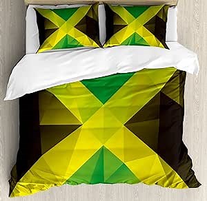 Ambesonne Jamaican Duvet Cover Set, Triangular Polygon Design Abstract Flag Geometric National, Decorative 3 Piece Bedding Set with 2 Pillow Shams, Queen Size, Yellow Green Green Brown