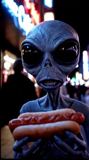 Alien attempts to eat human hotdog, wide-eyed wonder on camera.
