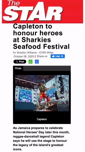 As Jamaica prepares to celebrate National Heroes’ Day later this month, reggae-dancehall legend Capleton says he will use the stage to honour the legacy of the island’s greatest icons. 🗞️READ MORE: @thejamaicastar https://jamaica-star.com/article/entertainment/20251006/capleton-honour-heroes-sharkies-seafood-festival | Capleton