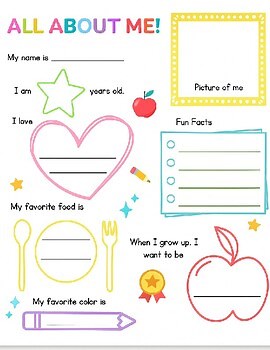 All About Me Worksheet Printable Back to School Activity First Day of School