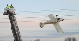 Pilot rescued after plane crashes, gets tangled in power lines