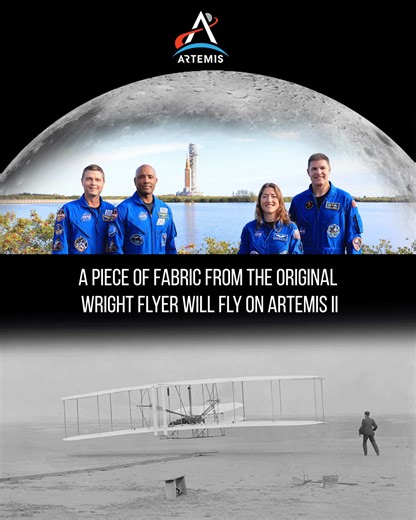 The NASA Artemis II mission will fly legacy keepsakes including a nod to flight ✈️ A swatch of muslin fabric from the original Wright Flyer the Wright Brothers used to make the first powered flight in 1903 will be flying aboard Artemis II. As Artemis II carries humanity back toward the Moon, it is fitting that a piece of the first powered flight rides along. It serves as a reminder that progress is achieved step by step, and that today’s missions are rooted in our earliest attempts to leave the 