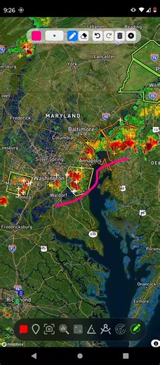 9:27pm INTENSE lightning discharged from these new pop up cells with a severe thunderstorm warning now south of Annapolis These storms are hardly moving; 5mph! | Mid-Atlantic Severe Weather Alert