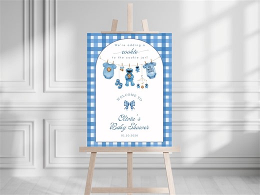 Cookie Monster Baby Shower Welcome Sign | Blue Gingham Decor| Editable Canva Template - Etsy