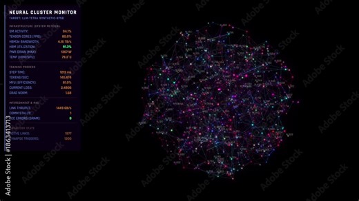 Advanced neural network visualization showing LLM training process with real-time telemetry, synapse activity, and GPU performance metrics in futuristic HUD interface.
