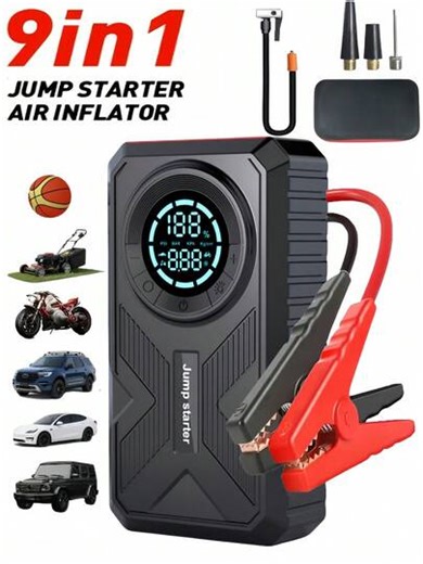 5-In-1 Car Battery Jump Starter Kit, Includes 150 PSI Air Compressor, Jump Cables Box, Portable Starter For 5.0L Gas/3.0L Engines, LCD Display, 3-Mode LED Flashlight, USB-C Fast Charging, Lithium-Polymer Battery, 10W Output, Fuel Efficiency Boost, Suitable For Sedans, Trucks And SUVs, With Jump Starter Repair Function | SHEIN