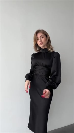 Black Silk Satin Open Back Dress With Long Bishop Sleeves, Turtleneck and Back Bow Tie - Etsy