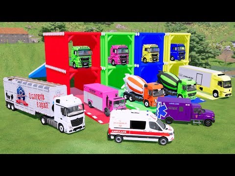 TRANSPORTING COLORFUL MIXER TRUCK, KARA TRUCK, MERCY POLICE CARS, AMBULACE, MINI TANKER FS22