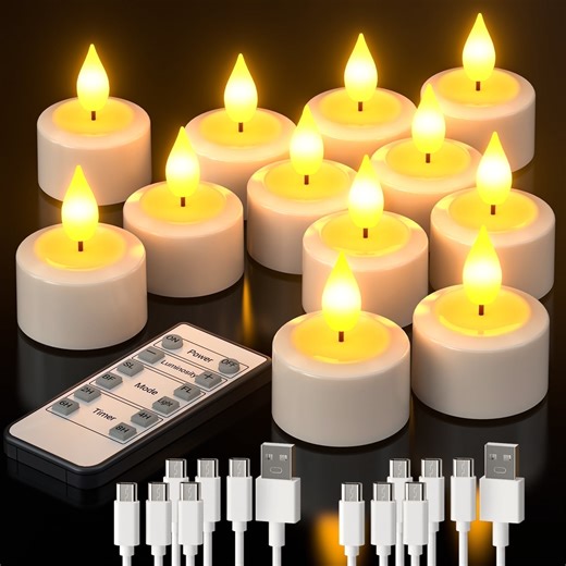 PChero Rechargeable Flameless Candles with Timer Remote, 12pcs Realistic Flickering LED Tea Lights Votive Battery Operated, Electric Fake Candle for Home Decor Halloween Christmas Wedding Warm White