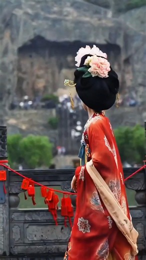 A Tang Dynasty Beauty in Front of Ancient Chinese Caves | Luoyang Longmen Grottoes