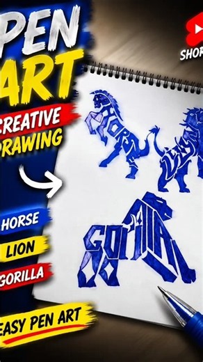 Creative Animal Typography Drawing 🦁🐎🦍 | Easy Pen Art Tutorial | #shorts