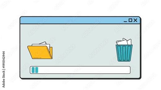 Old windows interface animation of deleting files. Moving computer documents from folder to recycle bin. Vintage 90s operating system style progress bar with flying papers. 4K transparent background.