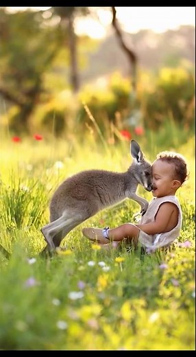 Baby Kangaroo and Baby Human Playing on the Grass, Too cute