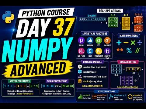 Python Course Day 37 | NumPy Operations, Reshape, Statistics, Random Module & Broadcasting | Hindi
