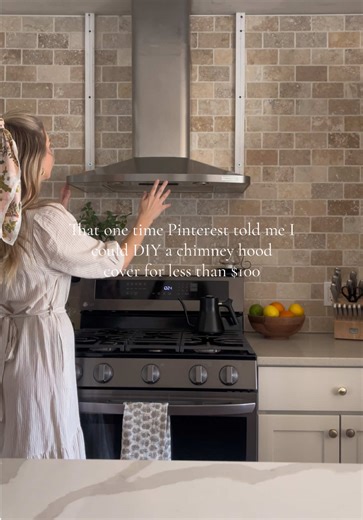I turned my hood vent into a custom chimney hood cover for right around $100, and it honestly changed the entire feel of my kitchen. ✨ What used to blend into the background is now a statement piece that makes the space look intentional and warm, without the pricey cost. This is one of my favorite DIYs to date! #diykitchen #diyhomeprojects #diyhomemakeover #cottagecoreaesthetic #pinterestinspired
