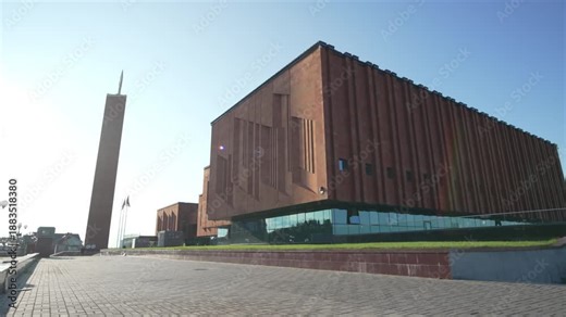 National Library building serves as state repository for domestic and international publications. Design symbolizes intellectual heritage