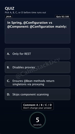 Quiz - 092 | In Spring, @Configuration vs @Component: @Configuration mainly: | #shorts #java #quiz