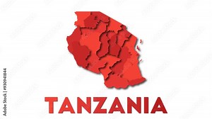 Tanzania map showing regions. Animated country map with title. 4K resolution animation.
