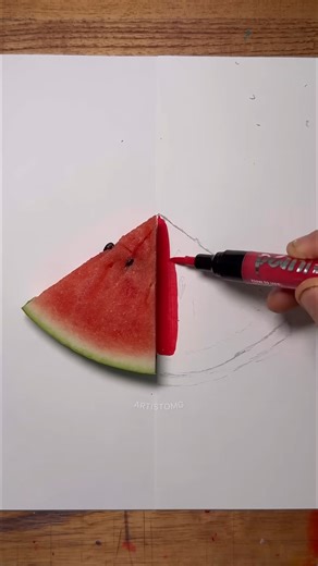 Realistic watermelon slice drawing demonstration