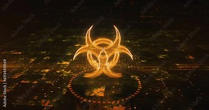 Biohazard danger alert and virus warning hologram symbol appears on a digital background. Network, cyber technology and computer abstract concept 3d animation.
