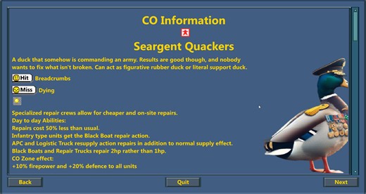 Sgt Quackers CO - Infantry Repair like Blackboats file - MrDuck557's Mod Collection for Commander Wars