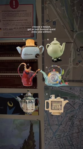 El on Instagram: "🫖 choose a teapot, get an anti brainrot quest for the new year! A. Spend the mornings or evenings phone free. Try to spend at least a whole hour without looking at your phone. B. Try something you enjoyed as a child again. This could be finger painting, clay, a hobby, or even things such as collecting cute figurines. C. Reduce your waste by making things out of it! You can make paper from paper and food scraps, painted bottles, and certain plastics can be used for shrinkie din