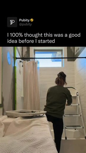 Pubity on Instagram: "I decided to paint my boring gray bathroom olive green on a random Saturday and thought I’d film a simple before and after for TikTok. But when I needed to reach the top of the window, I got lazy and tried balancing a step stool on the tub instead of grabbing the ladder while my husband was outside mowing. It was a terrible idea, and I slipped and went down hard. 😭 Credit: @Shelbyfromtheblock7/ViralHog #Pubity #Viral #funny"