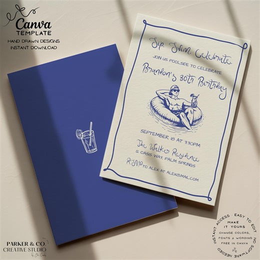 Editable Pool Party Invitation | Hand Drawn Man on Pool Float | Canva Template (digital Download) - Etsy