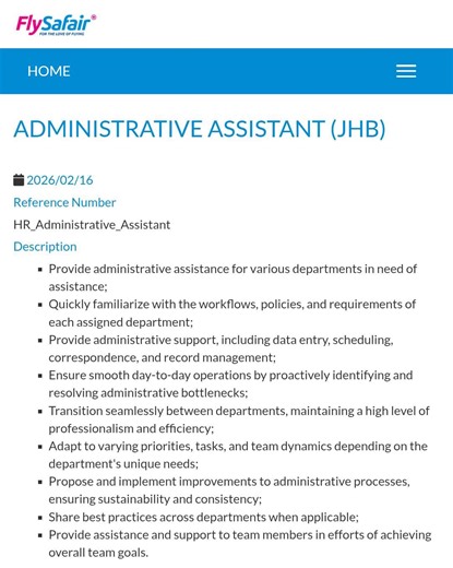 📌FlySafair is hiring! ✅Administrative Assistants 📍JHB Salary: R10,000- R15,000 p/m Minimum Requirements: - Grade 12/ Matric! - Administration knowledge - Computer literate Closing Date: 23 February 2026 Apply ASAP: https://visionsoul.co.za/administrative-assistant-jobs-johannesburg-2026/ | Vision-Soul