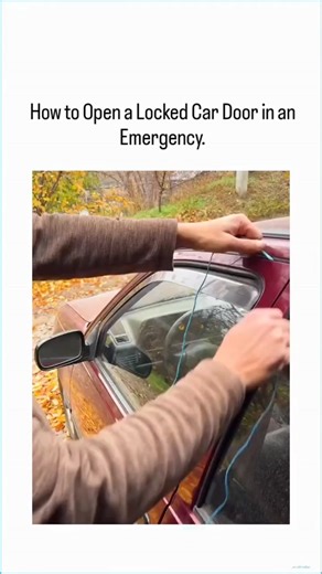 Mrbab on Instagram: "The post shares a 16-second video tutorial on using a thin cord, fed through a car's slightly open window weatherstripping, to hook and pull the internal lock button, unlocking the door without tools. Demonstrated on a red saloon car amid autumn foliage, the method appeals for its simplicity and low cost, potentially averting locksmith expenses estimated at £50-£150 in the UK. Despite the creator's focus on farming content, the hack has quickly amassed 46,000 views and enthu