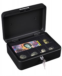 Honeywell Standard Security Steel Cash Box, Money Box with Key Lock and Carry Handle, Black, 6112