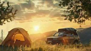 Camping in a national park with a sunset backdrop, surrounded by natural scenery, away from city life and technology, recharging energy and bonding during family camping. Animated 3D illustration